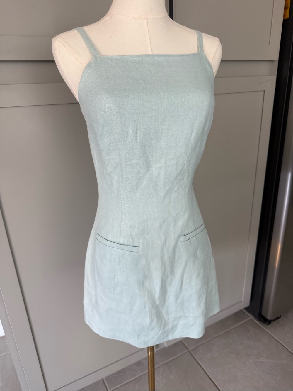 Reformation Light Blue Linen Mini Dress with Square Neck